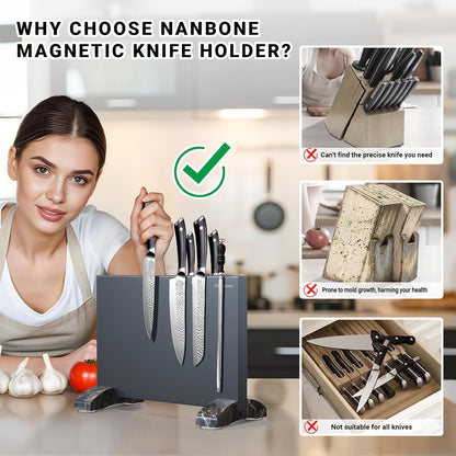 Magnetic Knife Block Stand Without Knives Double Sided Magnetic Knife Holder Rack for Kitchen Counter Stainless Steel Knife Magnetic Strip Display Stand Storage Organizer with Wood Base