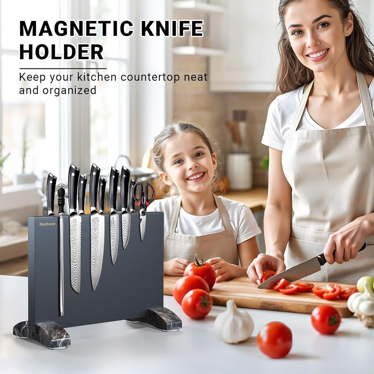 Magnetic Knife Block Stand Without Knives Double Sided Magnetic Knife Holder Rack for Kitchen Counter Stainless Steel Knife Magnetic Strip Display Stand Storage Organizer with Wood Base