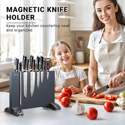 Magnetic Knife Block Stand Without Knives Double Sided Magnetic Knife Holder Rack for Kitchen Counter Stainless Steel Knife Magnetic Strip Display Stand Storage Organizer with Wood Base