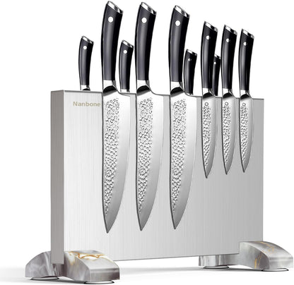 Magnetic Knife Block Stand Without Knives Double Sided Magnetic Knife Holder Rack for Kitchen Counter Stainless Steel Knife Magnetic Strip Display Stand Storage Organizer with Wood Base