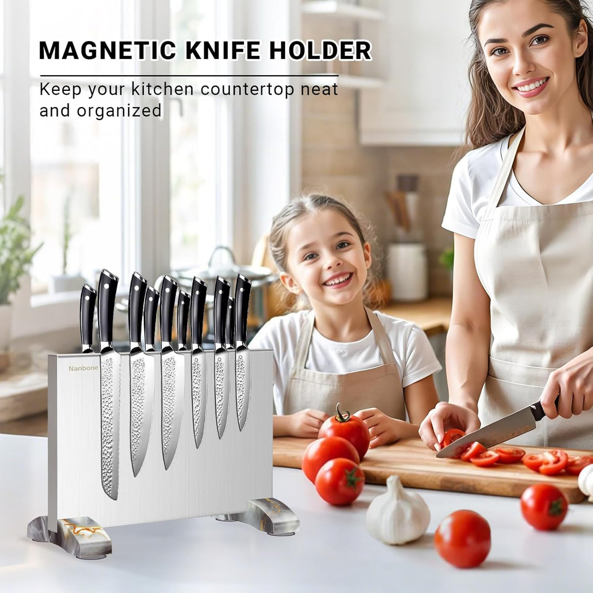 Magnetic Knife Block Stand Without Knives Double Sided Magnetic Knife Holder Rack for Kitchen Counter Stainless Steel Knife Magnetic Strip Display Stand Storage Organizer with Wood Base