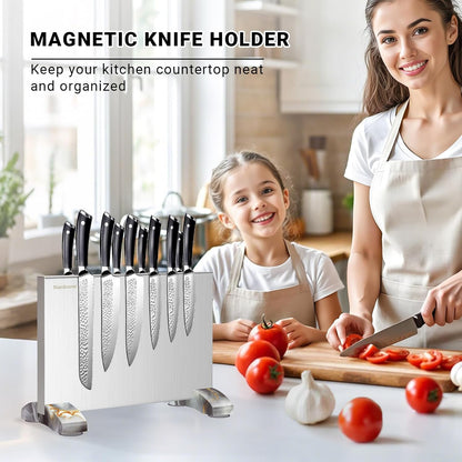 Magnetic Knife Block Stand Without Knives Double Sided Magnetic Knife Holder Rack for Kitchen Counter Stainless Steel Knife Magnetic Strip Display Stand Storage Organizer with Wood Base