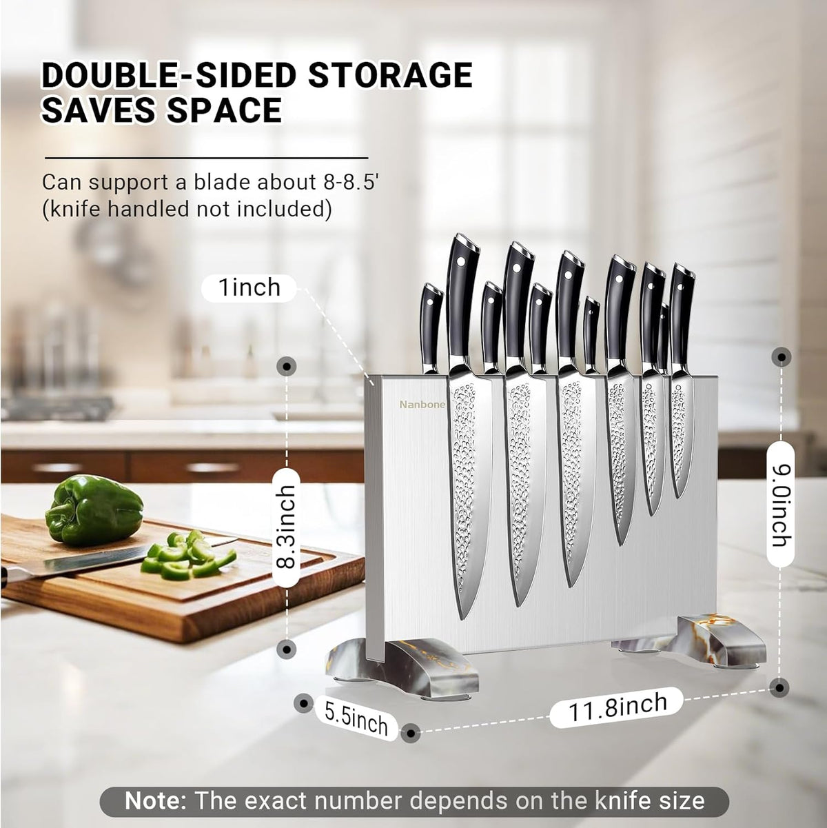 Magnetic Knife Block Stand Without Knives Double Sided Magnetic Knife Holder Rack for Kitchen Counter Stainless Steel Knife Magnetic Strip Display Stand Storage Organizer with Wood Base