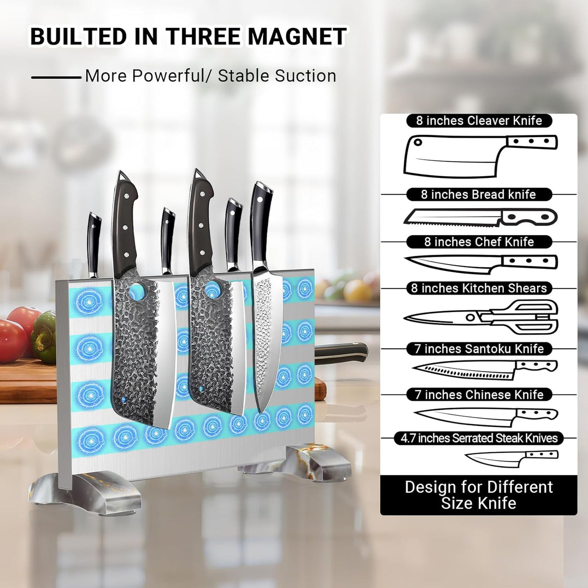 Magnetic Knife Block Stand Without Knives Double Sided Magnetic Knife Holder Rack for Kitchen Counter Stainless Steel Knife Magnetic Strip Display Stand Storage Organizer with Wood Base