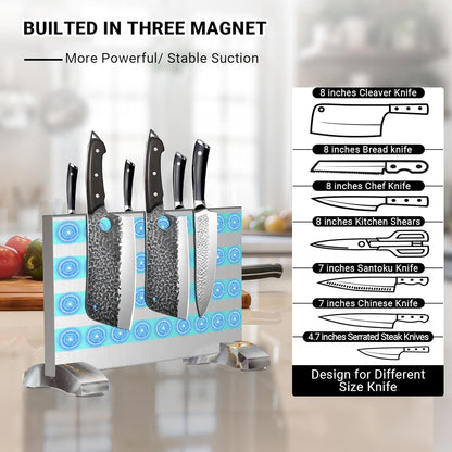 Magnetic Knife Block Stand Without Knives Double Sided Magnetic Knife Holder Rack for Kitchen Counter Stainless Steel Knife Magnetic Strip Display Stand Storage Organizer with Wood Base