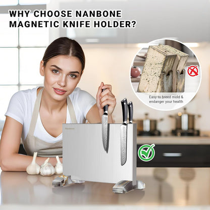 Magnetic Knife Block Stand Without Knives Double Sided Magnetic Knife Holder Rack for Kitchen Counter Stainless Steel Knife Magnetic Strip Display Stand Storage Organizer with Wood Base