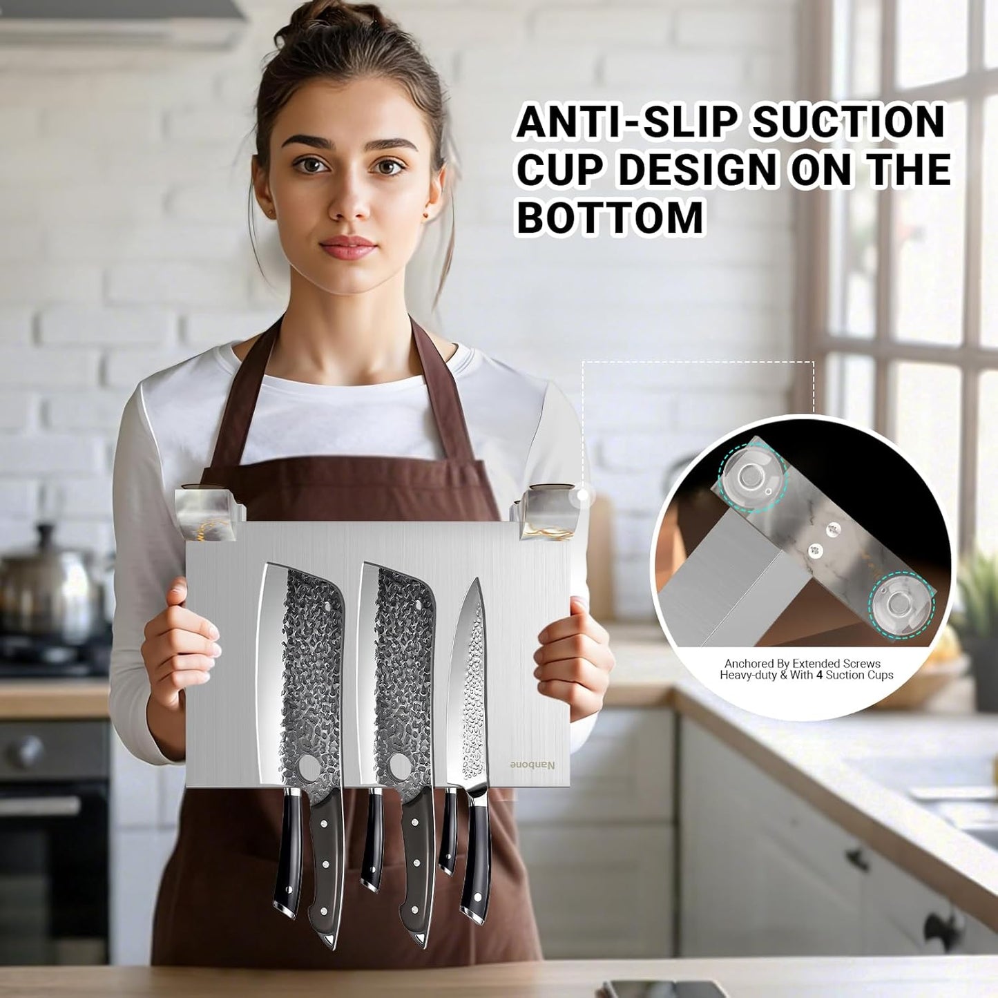 Magnetic Knife Block Stand Without Knives Double Sided Magnetic Knife Holder Rack for Kitchen Counter Stainless Steel Knife Magnetic Strip Display Stand Storage Organizer with Wood Base