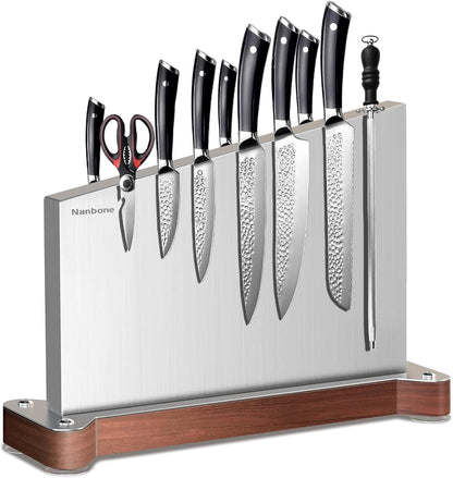 Magnetic Knife Block Stand Without Knives Double Sided Magnetic Knife Holder Rack for Kitchen Counter Stainless Steel Knife Magnetic Strip Display Stand Storage Organizer with Wood Base