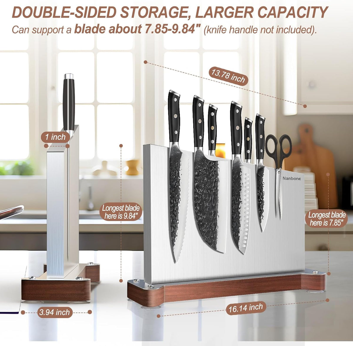 Magnetic Knife Block Stand Without Knives Double Sided Magnetic Knife Holder Rack for Kitchen Counter Stainless Steel Knife Magnetic Strip Display Stand Storage Organizer with Wood Base