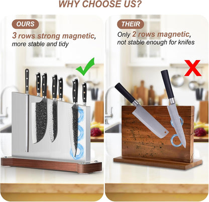 Magnetic Knife Block Stand Without Knives Double Sided Magnetic Knife Holder Rack for Kitchen Counter Stainless Steel Knife Magnetic Strip Display Stand Storage Organizer with Wood Base