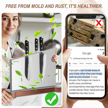 Magnetic Knife Block Stand Without Knives Double Sided Magnetic Knife Holder Rack for Kitchen Counter Stainless Steel Knife Magnetic Strip Display Stand Storage Organizer with Wood Base