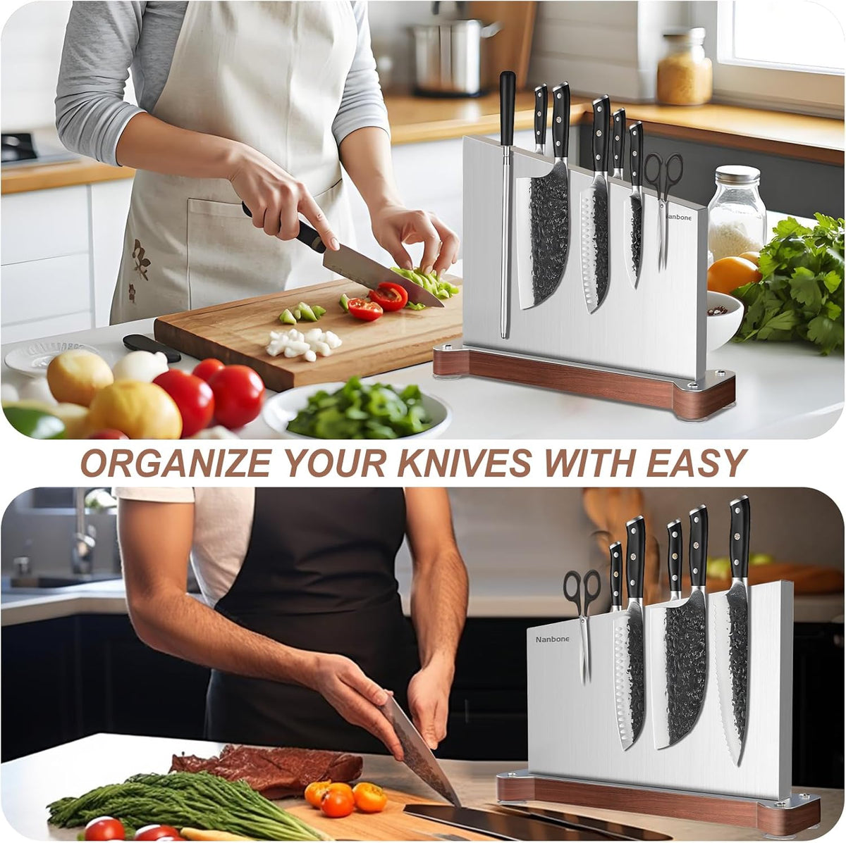 Magnetic Knife Block Stand Without Knives Double Sided Magnetic Knife Holder Rack for Kitchen Counter Stainless Steel Knife Magnetic Strip Display Stand Storage Organizer with Wood Base