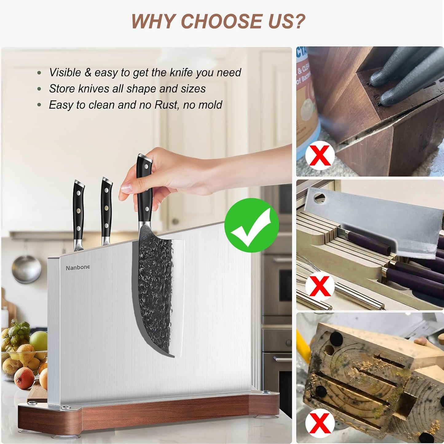 Magnetic Knife Block Stand Without Knives Double Sided Magnetic Knife Holder Rack for Kitchen Counter Stainless Steel Knife Magnetic Strip Display Stand Storage Organizer with Wood Base
