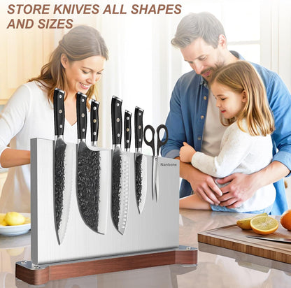 Magnetic Knife Block Stand Without Knives Double Sided Magnetic Knife Holder Rack for Kitchen Counter Stainless Steel Knife Magnetic Strip Display Stand Storage Organizer with Wood Base
