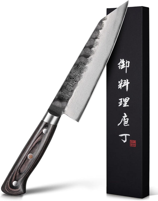 Japanese Chef Knife AUS-8 Alloy Steel 7 Inch Kiritsuke Knife, Razor Sharp Kitchen Cooking Knife with Full-Tang Black Pakkawood Handle and Gift Box