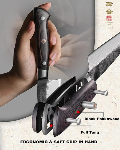 Japanese Chef Knife AUS-8 Alloy Steel 7 Inch Kiritsuke Knife, Razor Sharp Kitchen Cooking Knife with Full-Tang Black Pakkawood Handle and Gift Box