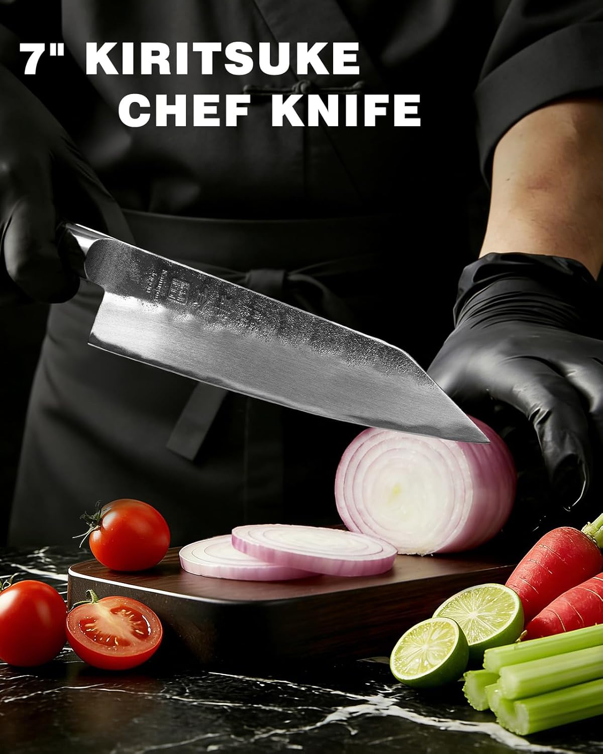 Japanese Chef Knife AUS-8 Alloy Steel 7 Inch Kiritsuke Knife, Razor Sharp Kitchen Cooking Knife with Full-Tang Black Pakkawood Handle and Gift Box