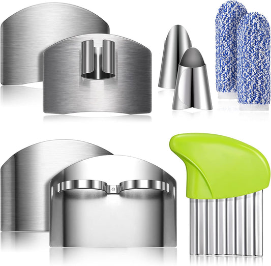 9 Pcs Finger Guard Set for Cutting Include 4 Stainless Steel Knife Cutting Protector 2 Thumb Guard Protector 2 Finger Cots Potato Butter Lettuce Crinkle Cutter for Cutting Food to Avoid Hurting