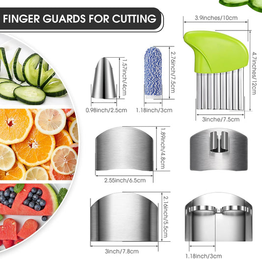 9 Pcs Finger Guard Set for Cutting Include 4 Stainless Steel Knife Cutting Protector 2 Thumb Guard Protector 2 Finger Cots Potato Butter Lettuce Crinkle Cutter for Cutting Food to Avoid Hurting