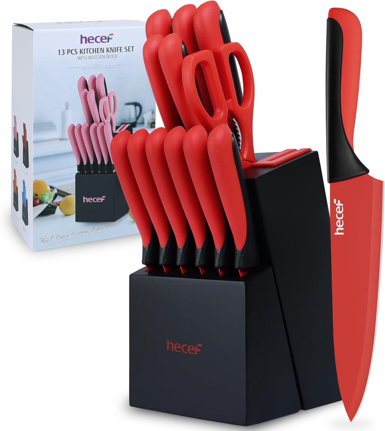 14 Pieces Kitchen Knife Set with Built-in Sharpening Wooden Block, Dishwasher Safe, High Carbon Stainless Steel Knife Block Set with Steak Knives, Kitchen Scissors (Red)