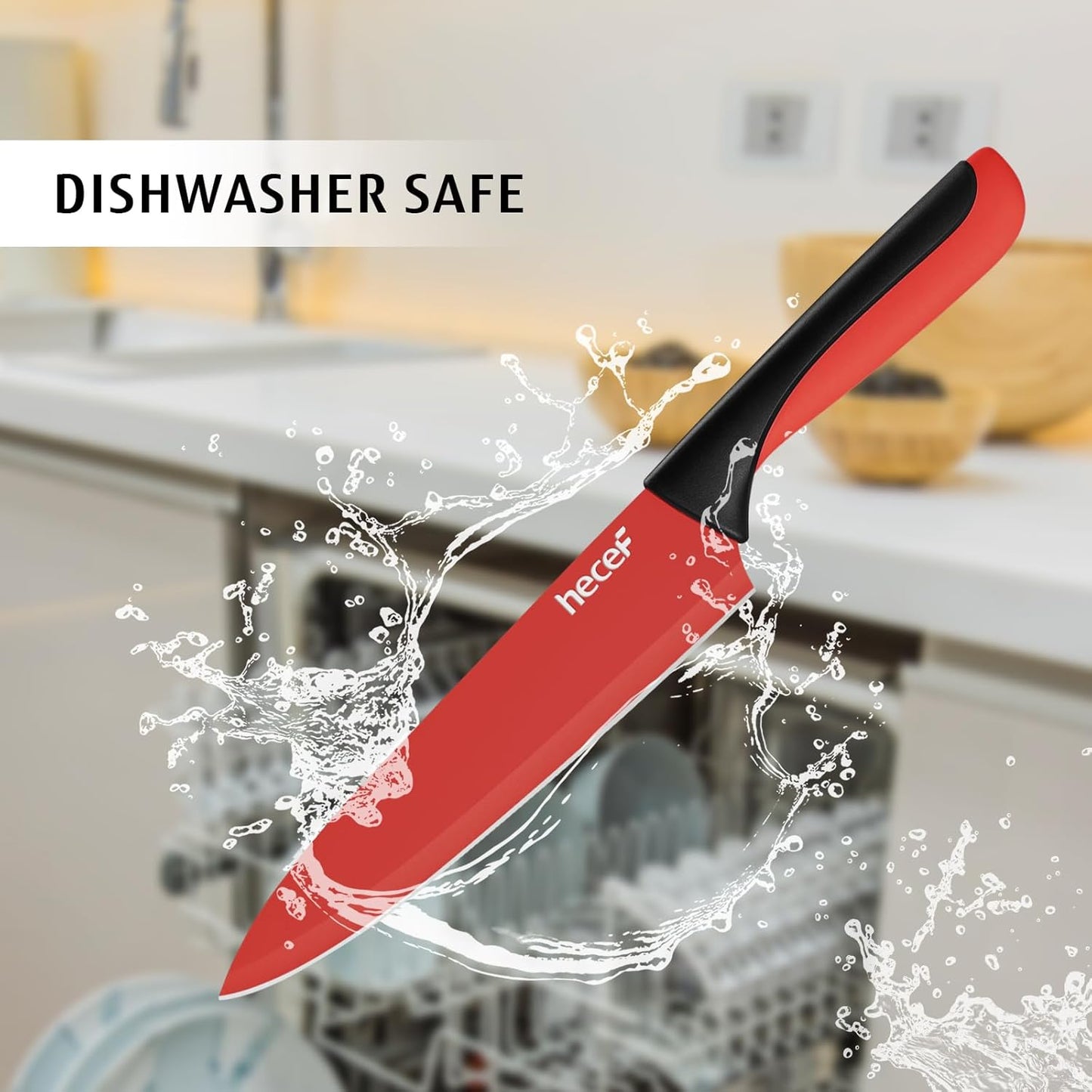 14 Pieces Kitchen Knife Set with Built-in Sharpening Wooden Block, Dishwasher Safe, High Carbon Stainless Steel Knife Block Set with Steak Knives, Kitchen Scissors (Red)