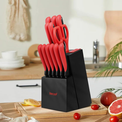 14 Pieces Kitchen Knife Set with Built-in Sharpening Wooden Block, Dishwasher Safe, High Carbon Stainless Steel Knife Block Set with Steak Knives, Kitchen Scissors (Red)
