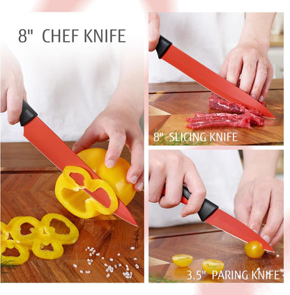 14 Pieces Kitchen Knife Set with Built-in Sharpening Wooden Block, Dishwasher Safe, High Carbon Stainless Steel Knife Block Set with Steak Knives, Kitchen Scissors (Red)