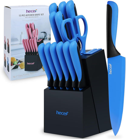14 Pieces Kitchen Knife Set with Built-in Sharpening Wooden Block, Dishwasher Safe, High Carbon Stainless Steel Knife Block Set with Steak Knives, Kitchen Scissors (Red)