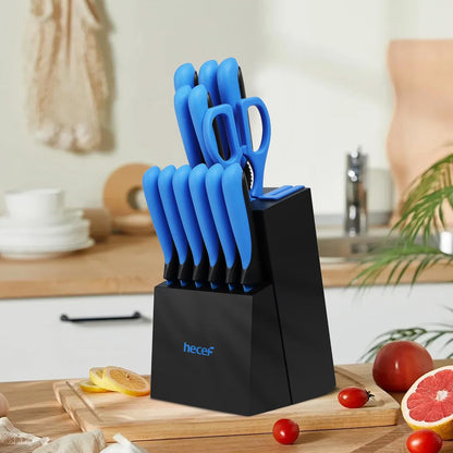 14 Pieces Kitchen Knife Set with Built-in Sharpening Wooden Block, Dishwasher Safe, High Carbon Stainless Steel Knife Block Set with Steak Knives, Kitchen Scissors (Red)