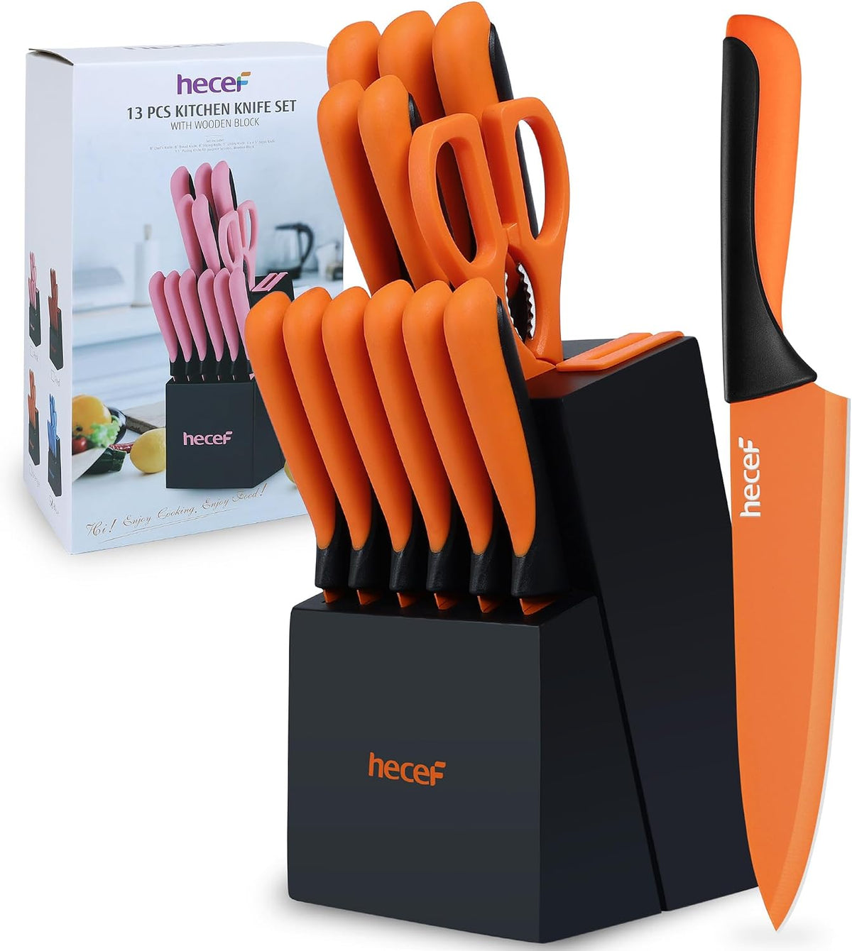 14 Pieces Kitchen Knife Set with Built-in Sharpening Wooden Block, Dishwasher Safe, High Carbon Stainless Steel Knife Block Set with Steak Knives, Kitchen Scissors (Red)