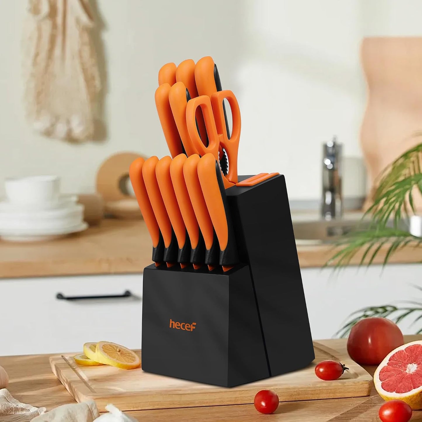 14 Pieces Kitchen Knife Set with Built-in Sharpening Wooden Block, Dishwasher Safe, High Carbon Stainless Steel Knife Block Set with Steak Knives, Kitchen Scissors (Red)