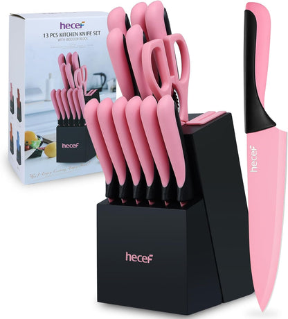 14 Pieces Kitchen Knife Set with Built-in Sharpening Wooden Block, Dishwasher Safe, High Carbon Stainless Steel Knife Block Set with Steak Knives, Kitchen Scissors (Red)