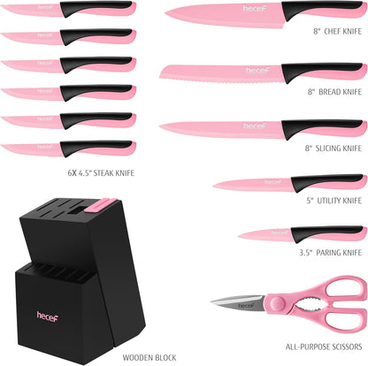 14 Pieces Kitchen Knife Set with Built-in Sharpening Wooden Block, Dishwasher Safe, High Carbon Stainless Steel Knife Block Set with Steak Knives, Kitchen Scissors (Red)