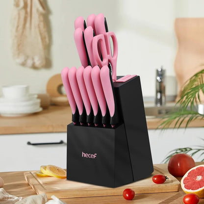14 Pieces Kitchen Knife Set with Built-in Sharpening Wooden Block, Dishwasher Safe, High Carbon Stainless Steel Knife Block Set with Steak Knives, Kitchen Scissors (Red)