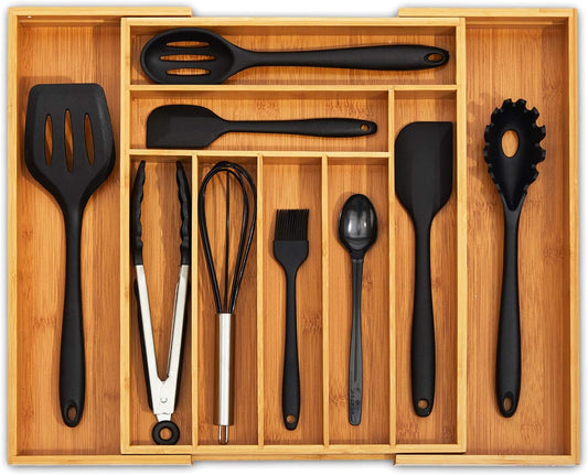 Bamboo Kitchen Drawer Organizer - Expandable Silverware Organizer/Utensil Holder and Cutlery Tray with Grooved Drawer Dividers for Flatware and Kitchen Utensils (9 Slots)