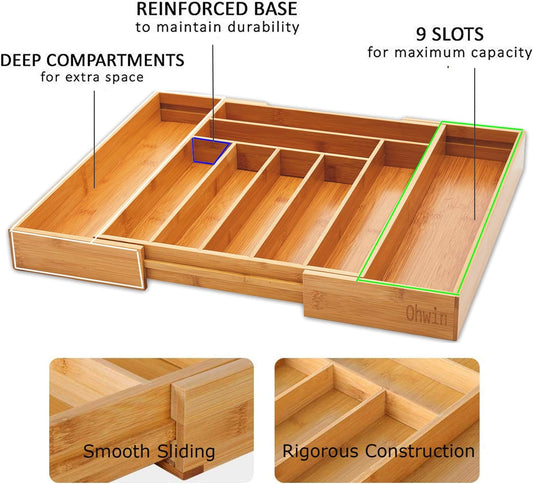 Bamboo Kitchen Drawer Organizer - Expandable Silverware Organizer/Utensil Holder and Cutlery Tray with Grooved Drawer Dividers for Flatware and Kitchen Utensils (9 Slots)