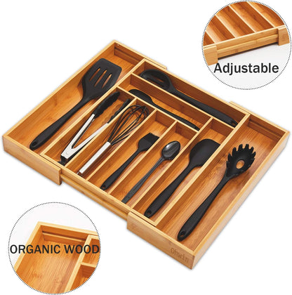 Bamboo Kitchen Drawer Organizer - Expandable Silverware Organizer/Utensil Holder and Cutlery Tray with Grooved Drawer Dividers for Flatware and Kitchen Utensils (9 Slots)