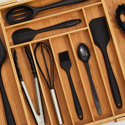 Bamboo Kitchen Drawer Organizer - Expandable Silverware Organizer/Utensil Holder and Cutlery Tray with Grooved Drawer Dividers for Flatware and Kitchen Utensils (9 Slots)