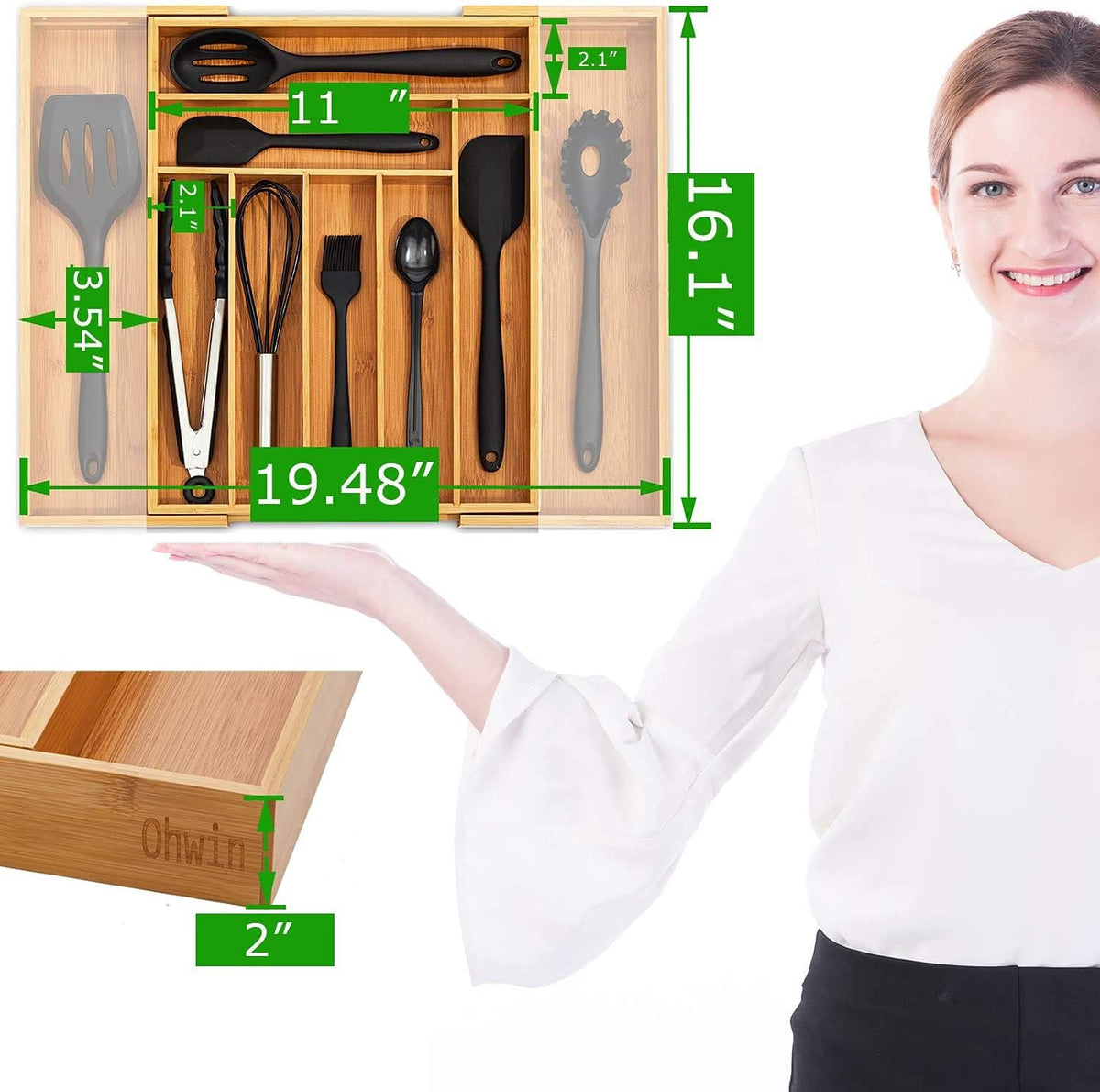 Bamboo Kitchen Drawer Organizer - Expandable Silverware Organizer/Utensil Holder and Cutlery Tray with Grooved Drawer Dividers for Flatware and Kitchen Utensils (9 Slots)