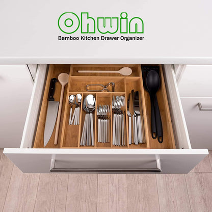 Bamboo Kitchen Drawer Organizer - Expandable Silverware Organizer/Utensil Holder and Cutlery Tray with Grooved Drawer Dividers for Flatware and Kitchen Utensils (9 Slots)
