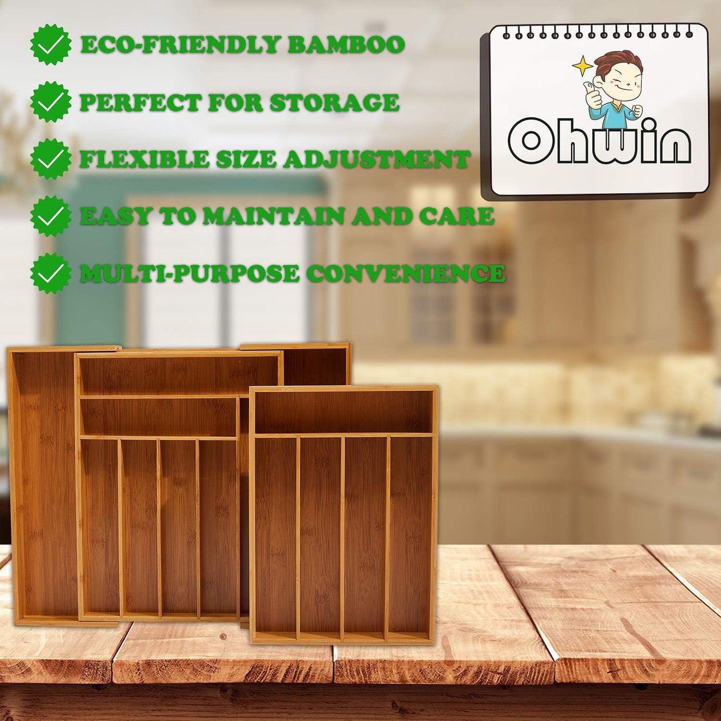 Bamboo Kitchen Drawer Organizer - Expandable Silverware Organizer/Utensil Holder and Cutlery Tray with Grooved Drawer Dividers for Flatware and Kitchen Utensils (9 Slots)