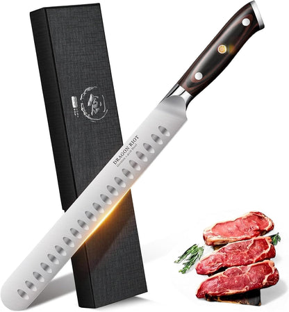 10 inch Premium Brisket Knife, Razor Sharp Carving Knife with Ergonomic Handle Design, Granton Edge, Hand Forged Brisket Slicing Knife for Meat and BBQ Cuting Gift for Men