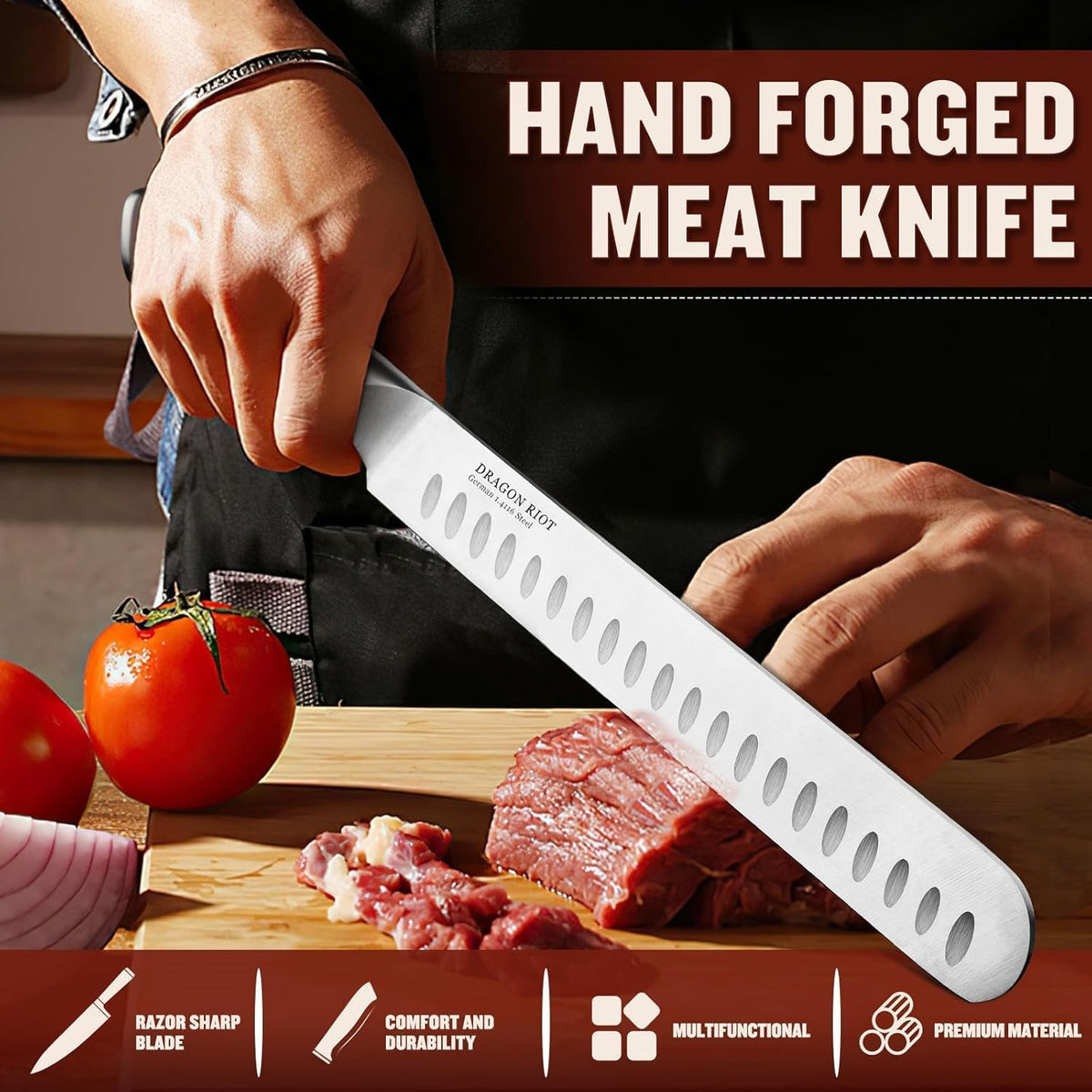 10 inch Premium Brisket Knife, Razor Sharp Carving Knife with Ergonomic Handle Design, Granton Edge, Hand Forged Brisket Slicing Knife for Meat and BBQ Cuting Gift for Men