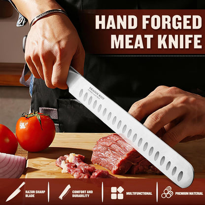 10 inch Premium Brisket Knife, Razor Sharp Carving Knife with Ergonomic Handle Design, Granton Edge, Hand Forged Brisket Slicing Knife for Meat and BBQ Cuting Gift for Men