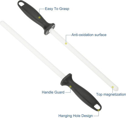 10 Inch Ceramic Knife Sharpener Honing Rod, High Hardness Sharpening Rod Knife Sharpener Steel for Kitchen Knife White