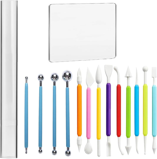 Basic Polymer Clay Tools, Clay Sculpting Tools Acrylic Roller Pin, Clear Rectangle Sheet Press Board, Double-Ended Pottery Carving Set for Beginner (15)