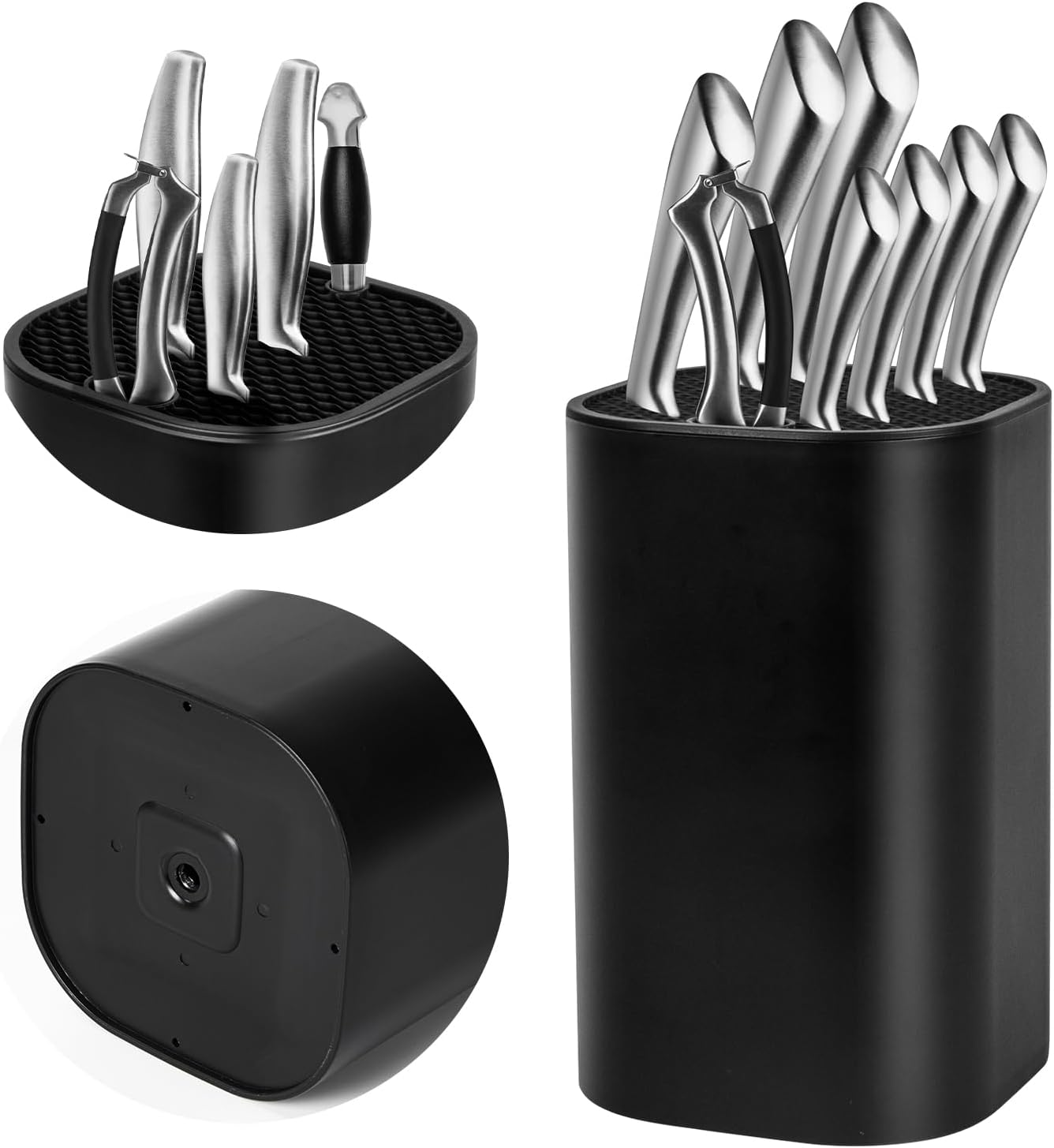 Black Knife Block Without Knives 3 in 1 Universal Square Knife Holder Without Knives with Scissors Slot and Sharpening Rod Detachable Kitchen Knife Holder for Easy Cleaning Space Saver