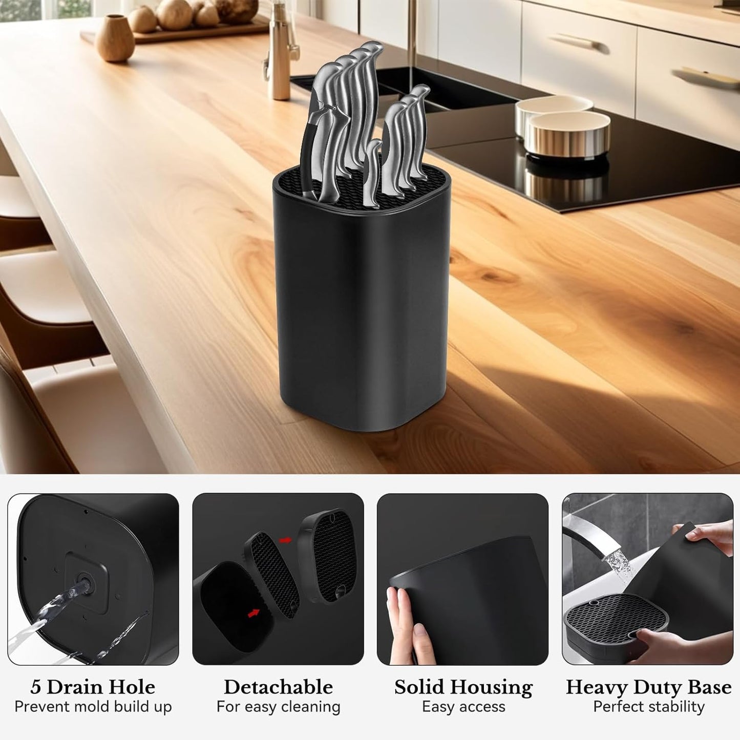 Black Knife Block Without Knives 3 in 1 Universal Square Knife Holder Without Knives with Scissors Slot and Sharpening Rod Detachable Kitchen Knife Holder for Easy Cleaning Space Saver