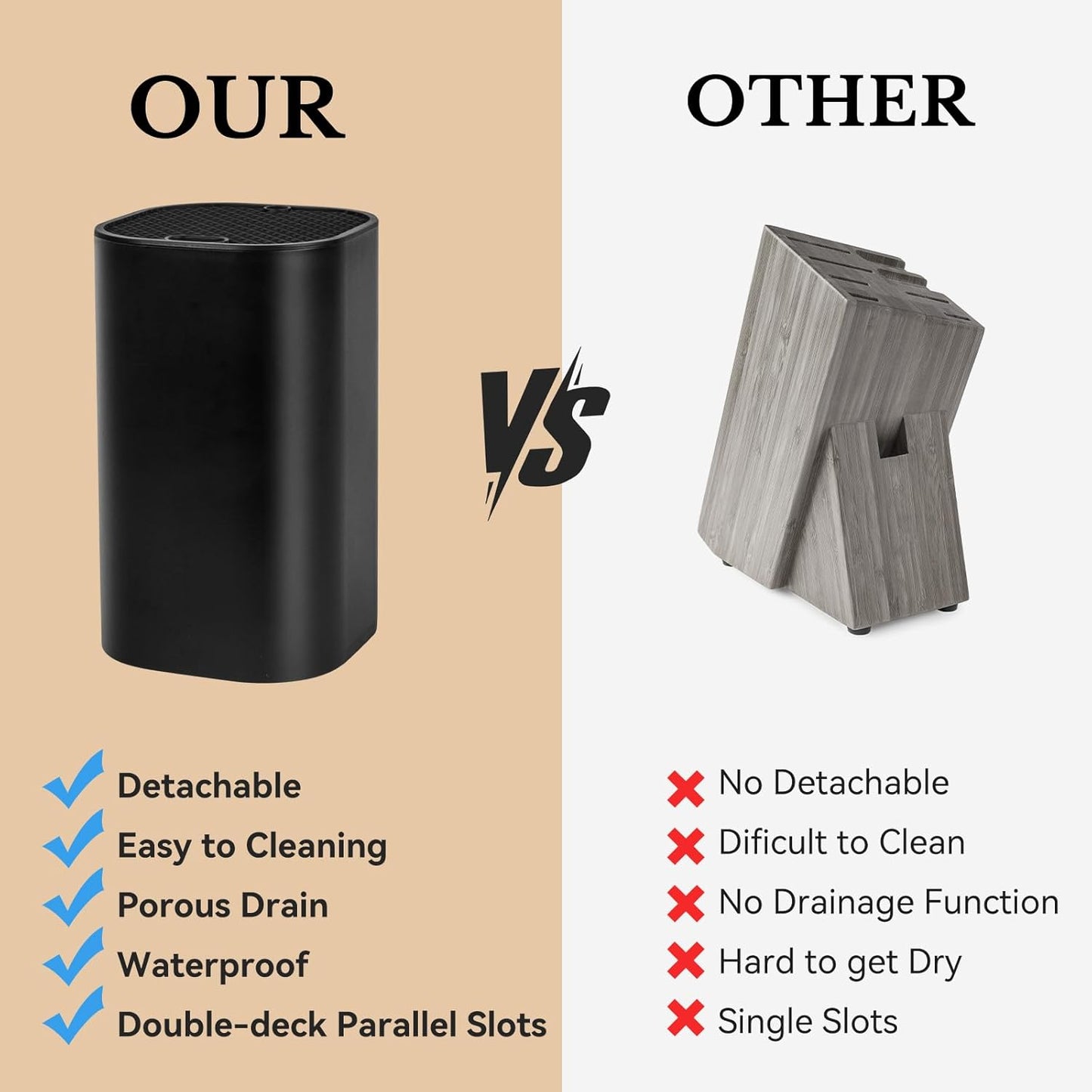 Black Knife Block Without Knives 3 in 1 Universal Square Knife Holder Without Knives with Scissors Slot and Sharpening Rod Detachable Kitchen Knife Holder for Easy Cleaning Space Saver
