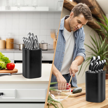 Black Knife Block Without Knives 3 in 1 Universal Square Knife Holder Without Knives with Scissors Slot and Sharpening Rod Detachable Kitchen Knife Holder for Easy Cleaning Space Saver